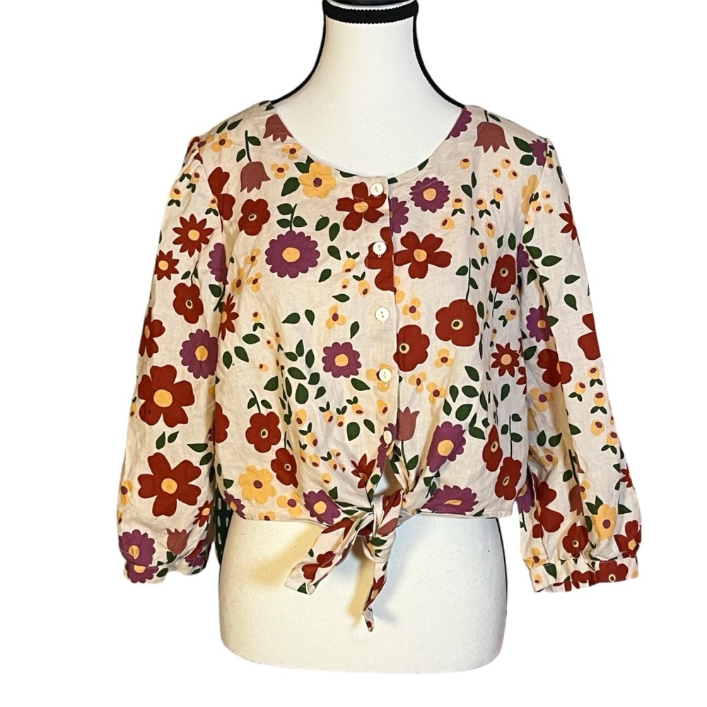 Modcloth X Princess Highway Flower Power Tie Waist Top Size 14 Linen Blend Retro